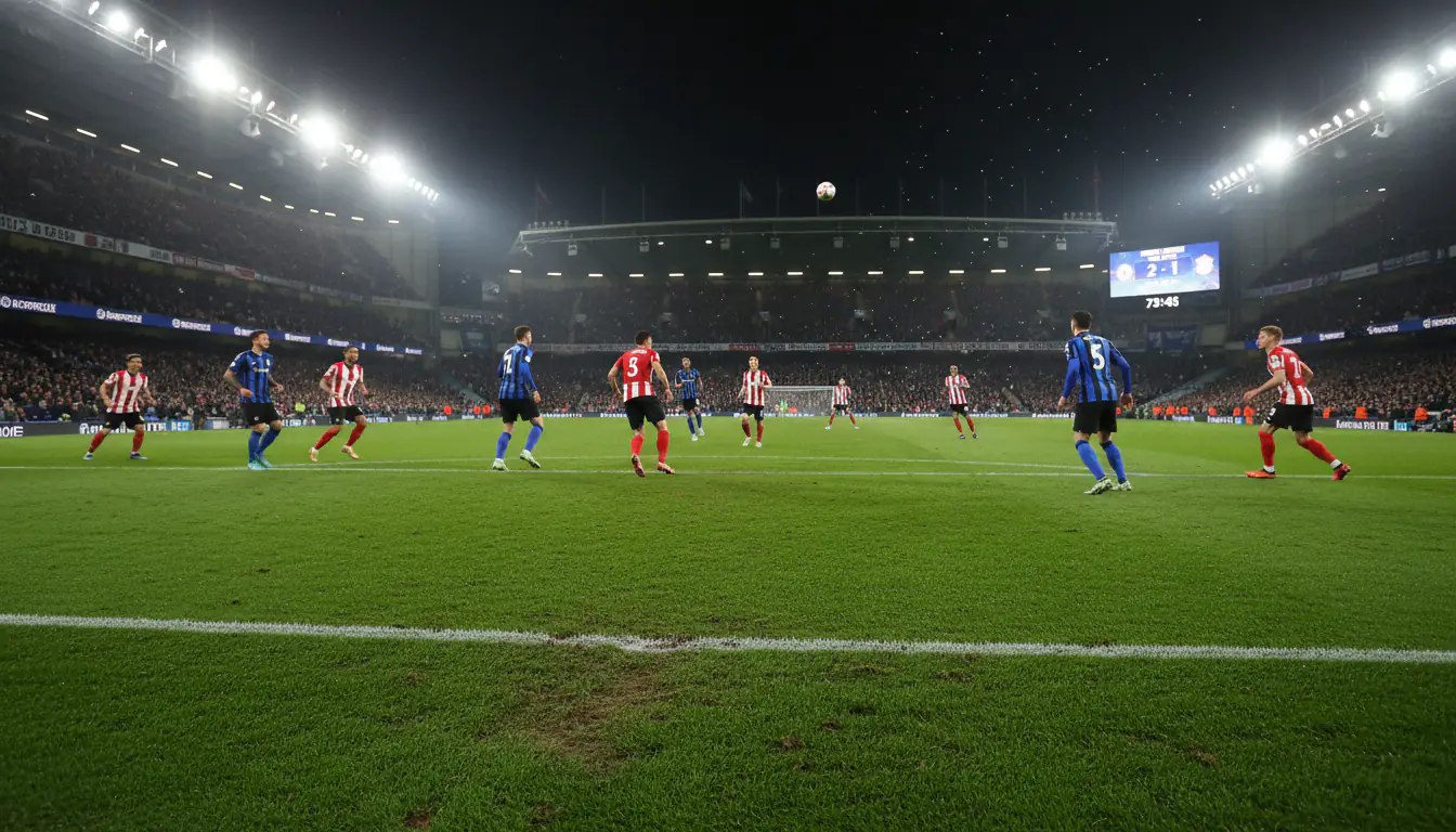 Voetbalwedstrijd gezien vanaf de tribune met scorebord op de achtergrond