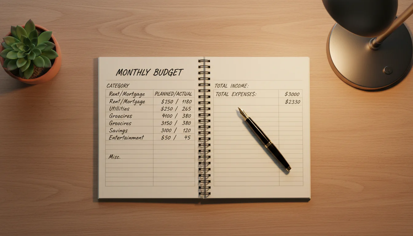 Notitieboekje met een overzichtelijke budgetplanning naast een pen op een bureau