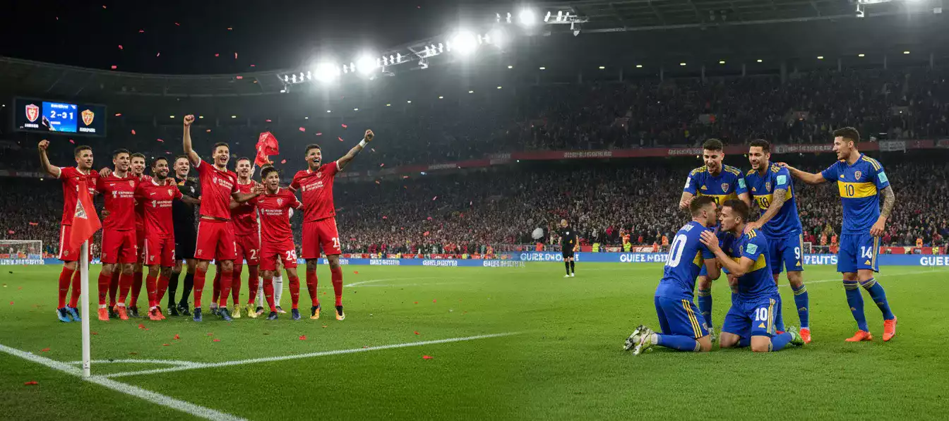 Spelers van twee teams vieren een doelpunt aan weerszijden van het veld