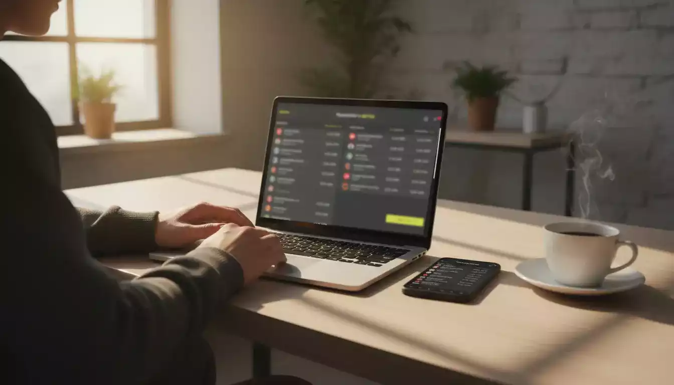 Persoon vergelijkt sportweddenschappen op een laptop en smartphone