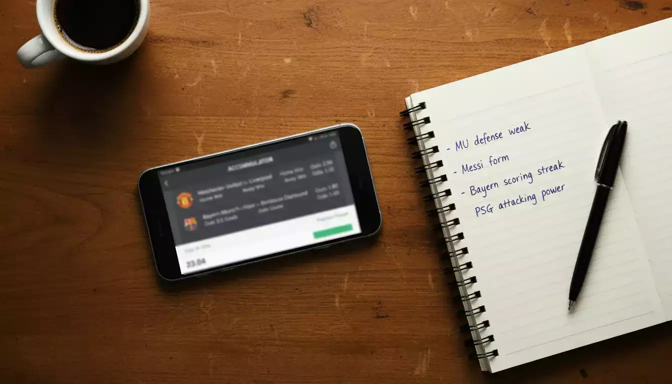 Wedformulier met meerdere voetbalwedstrijden op een smartphone naast een notitieboekje