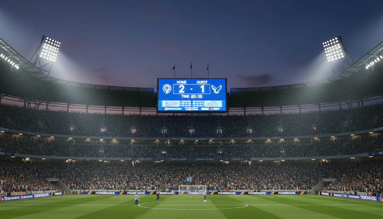 Scorebord in een voetbalstadion met de eindstand van een wedstrijd