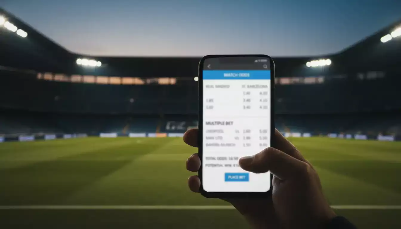 Hand houdt smartphone met een voetbalweddenschap op het scherm in een stadion