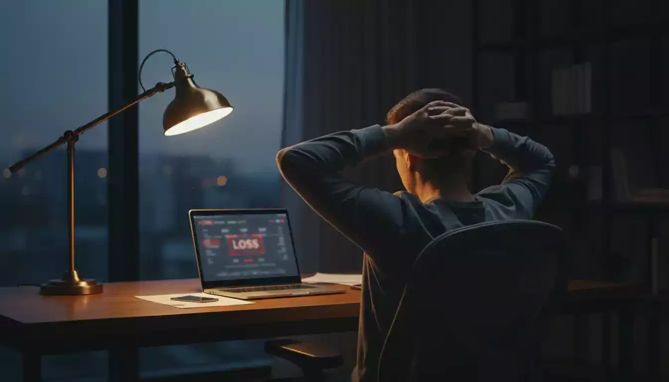 Gefrustreerde persoon leunt achterover met handen op het hoofd achter een laptop