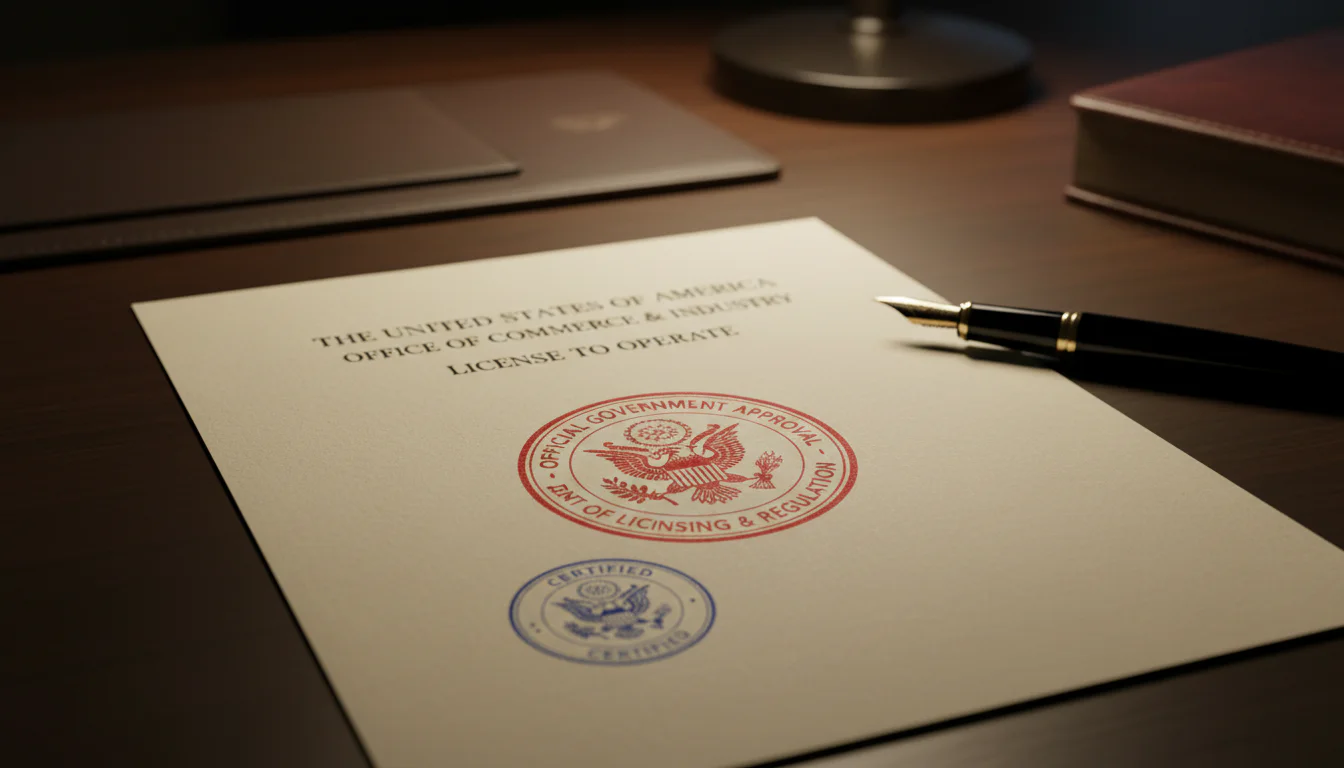 Officieel vergunningsdocument met een stempel op een bureau