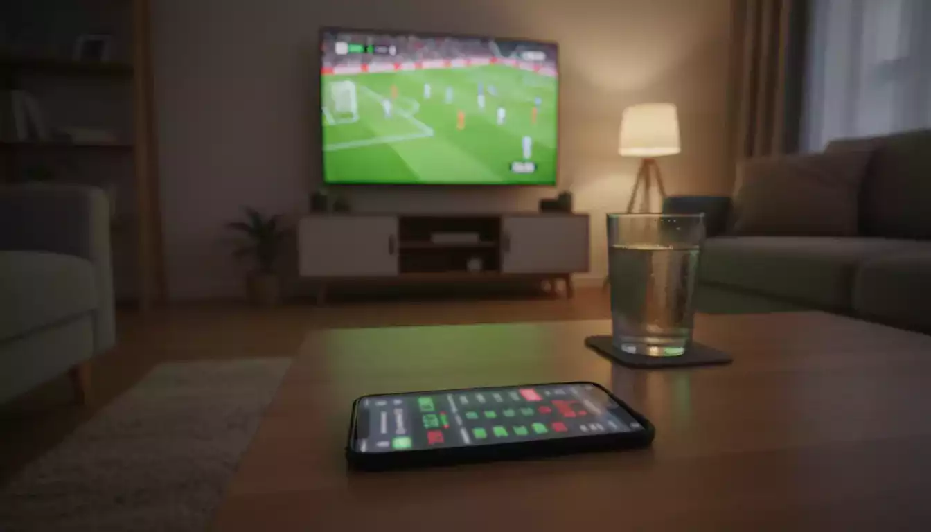 Voetbalwedstrijd op televisie met een smartphone met live odds op de voorgrond