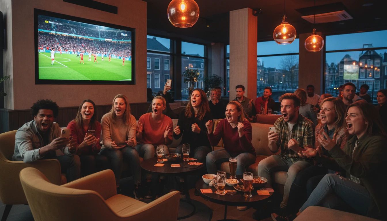 Voetbalsupporters volgen een wedstrijd live op groot scherm in een sportcafé