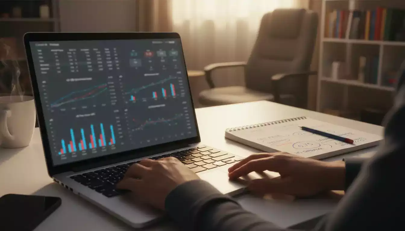Persoon analyseert voetbalstatistieken op een laptopscherm met aantekeningen