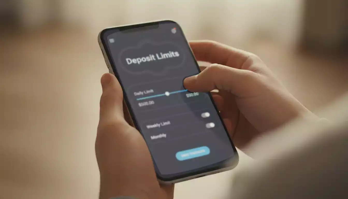 Persoon stelt een stortingslimiet in op een smartphone met een beschermend gebaar