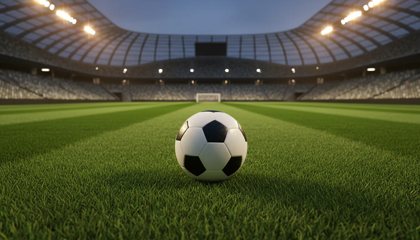 Voetbalveld met wedstrijdbal op de middenstip in een verlicht stadion