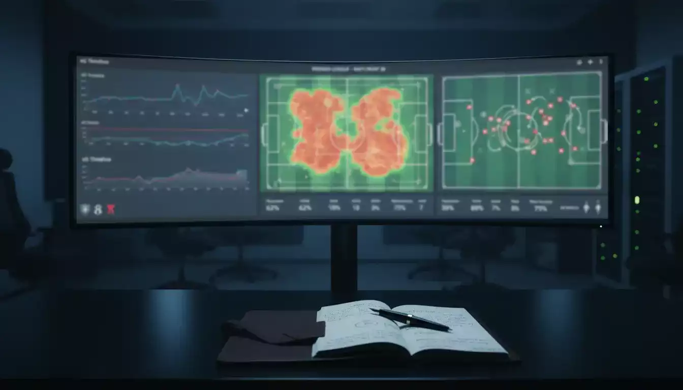 Groot scherm met voetbalstatistieken en xG-grafieken in een analysekamer