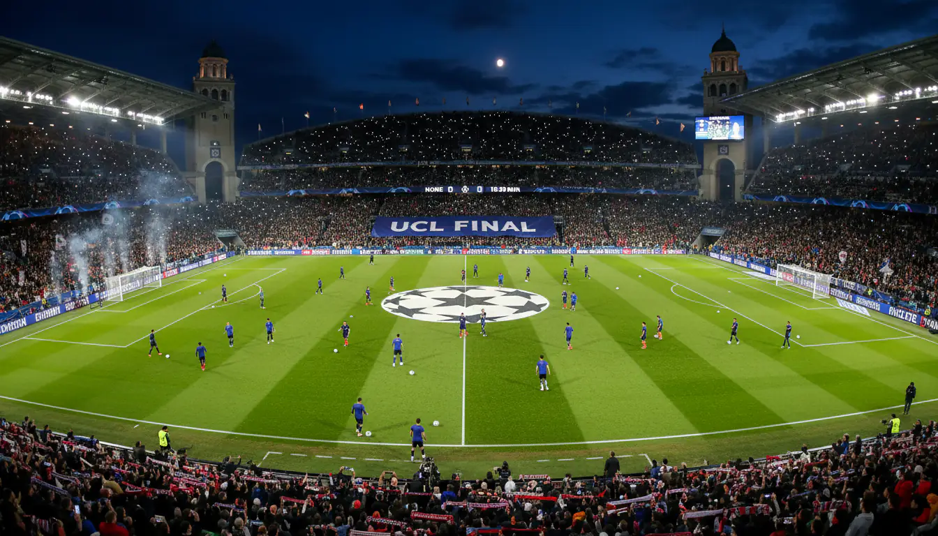 Champions League-avond in een groot Europees stadion met felle lichten