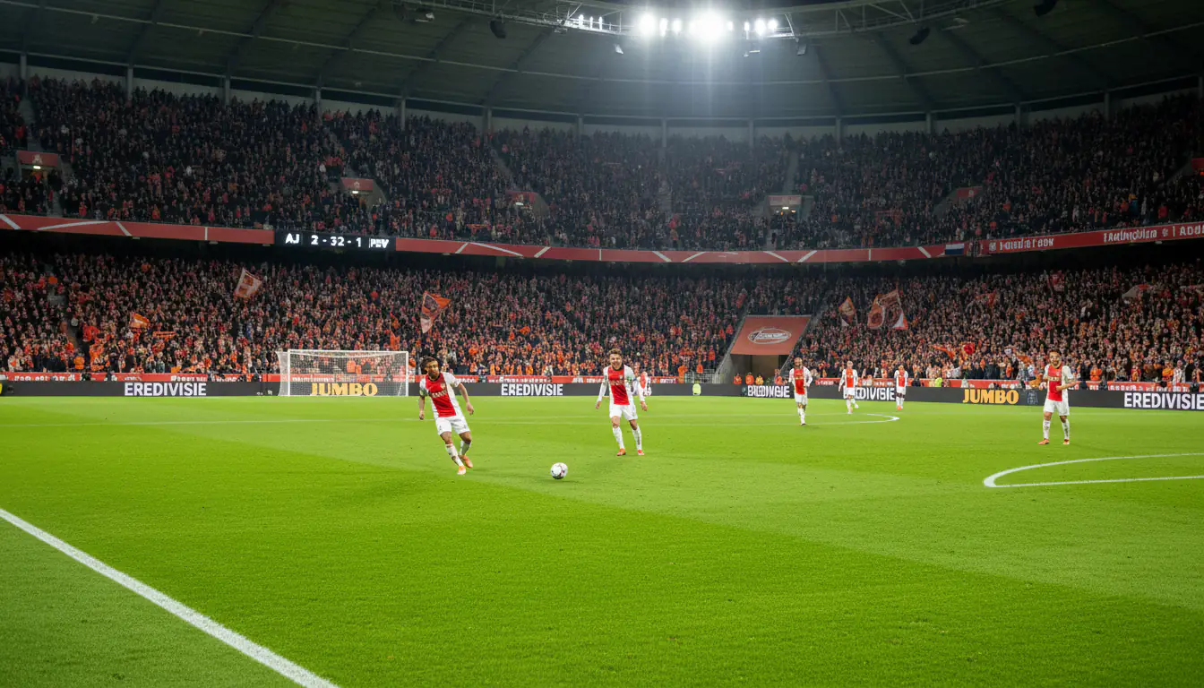 Eredivisie-wedstrijd in een Nederlands voetbalstadion bij avondlicht