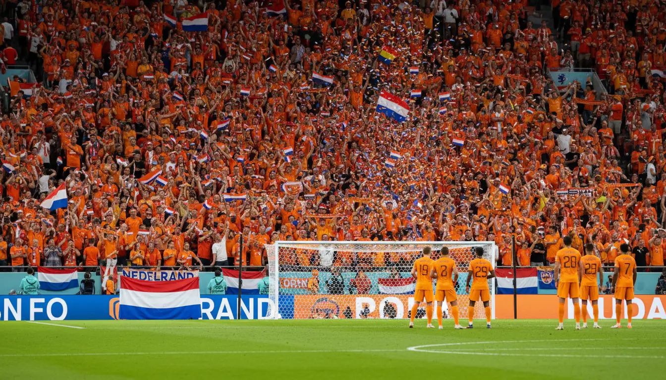 Oranjefans in een stadion met vlaggen en sjaals voor een wedstrijd van Nederland