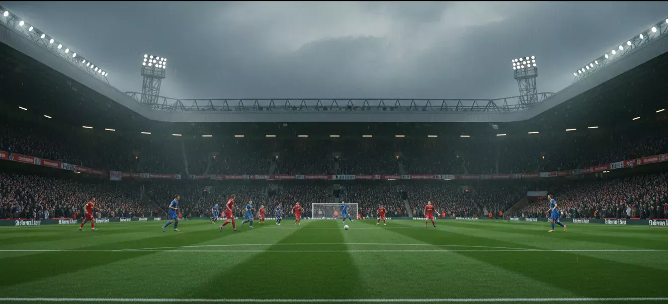 Voetbalwedstrijd in een vol Engels stadion met intens groen veld