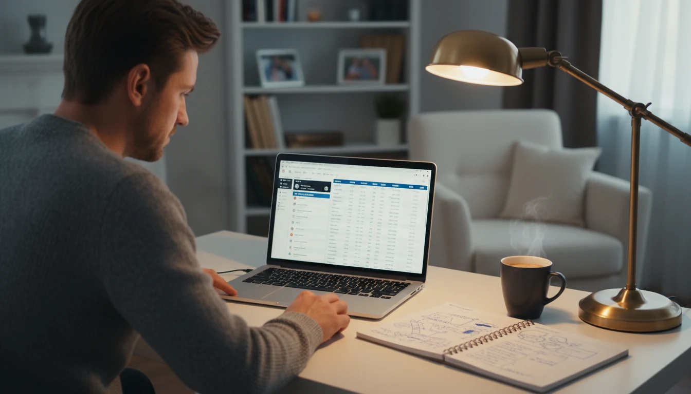 Persoon analyseert voetbalstatistieken op een laptop met notities en een kop koffie