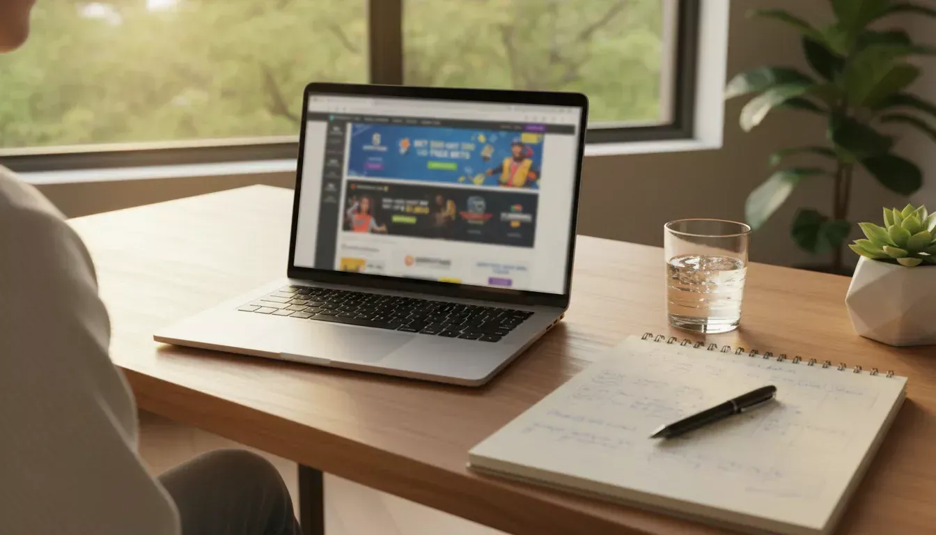 Persoon bekijkt meerdere sportwebsites op een laptop met een notitieboekje erbij