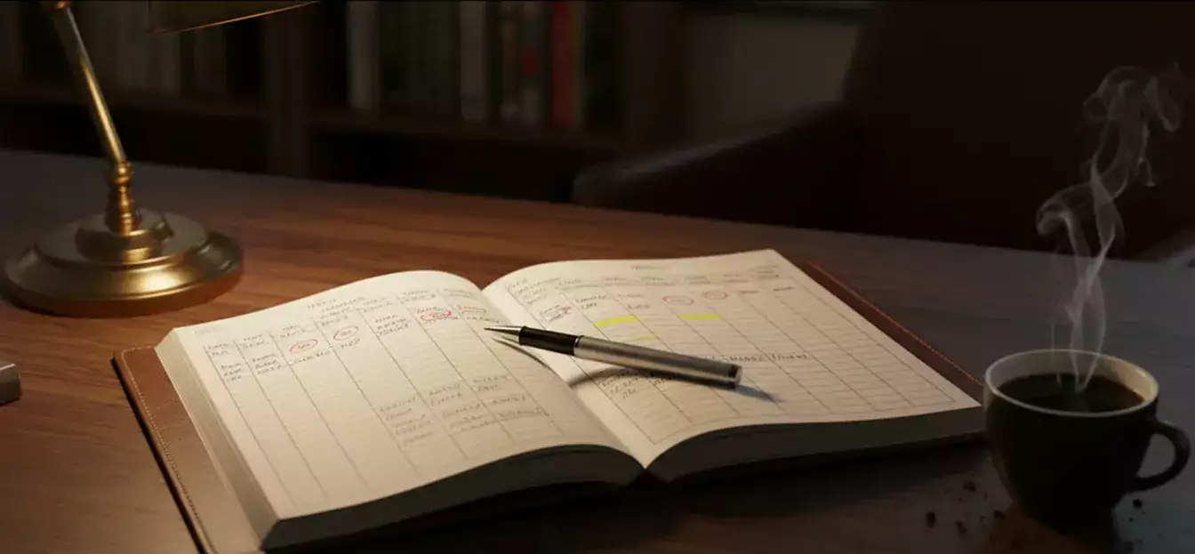 Gedetailleerd wedlogboek met statistieken en een pen op een houten bureau